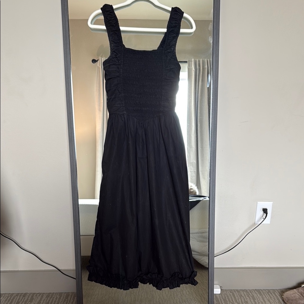 Ganni Black Smocked Pleated Midi Sundress